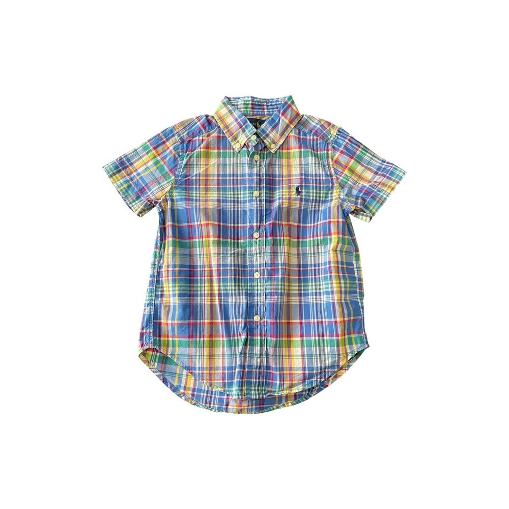 Ralph Lauren Boys Multi Color Plaid Short Sleeve Button Down Shirt Size 4 Cotton
